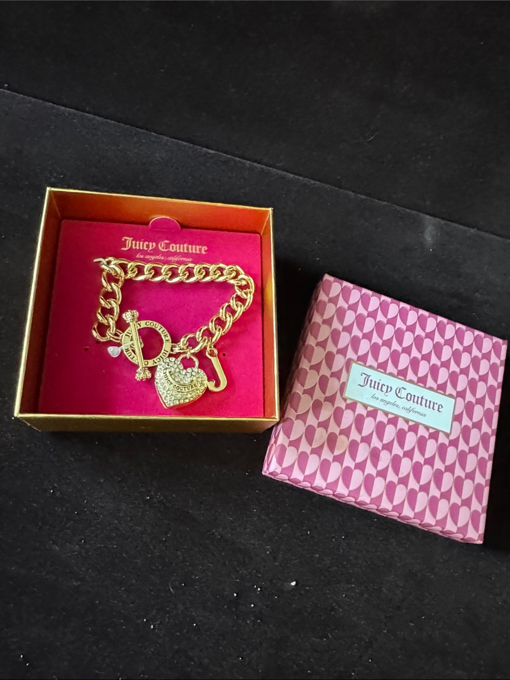 Juicy Couture Gold Toggle Heart Charm Bracelet with Logo Disc